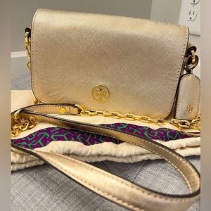 Tory Burch Metallic Gold Saffiano Leather shoulder Shoulder Bag